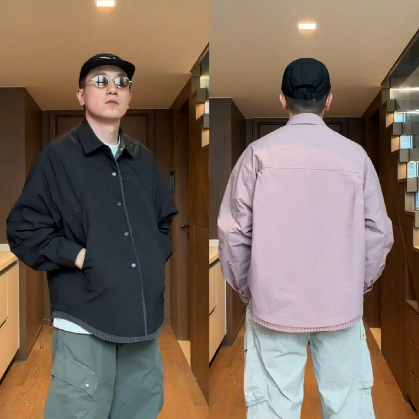 春季新款时尚潮流百搭夹克高级感格子拼接假两件休闲衬衫外套男士