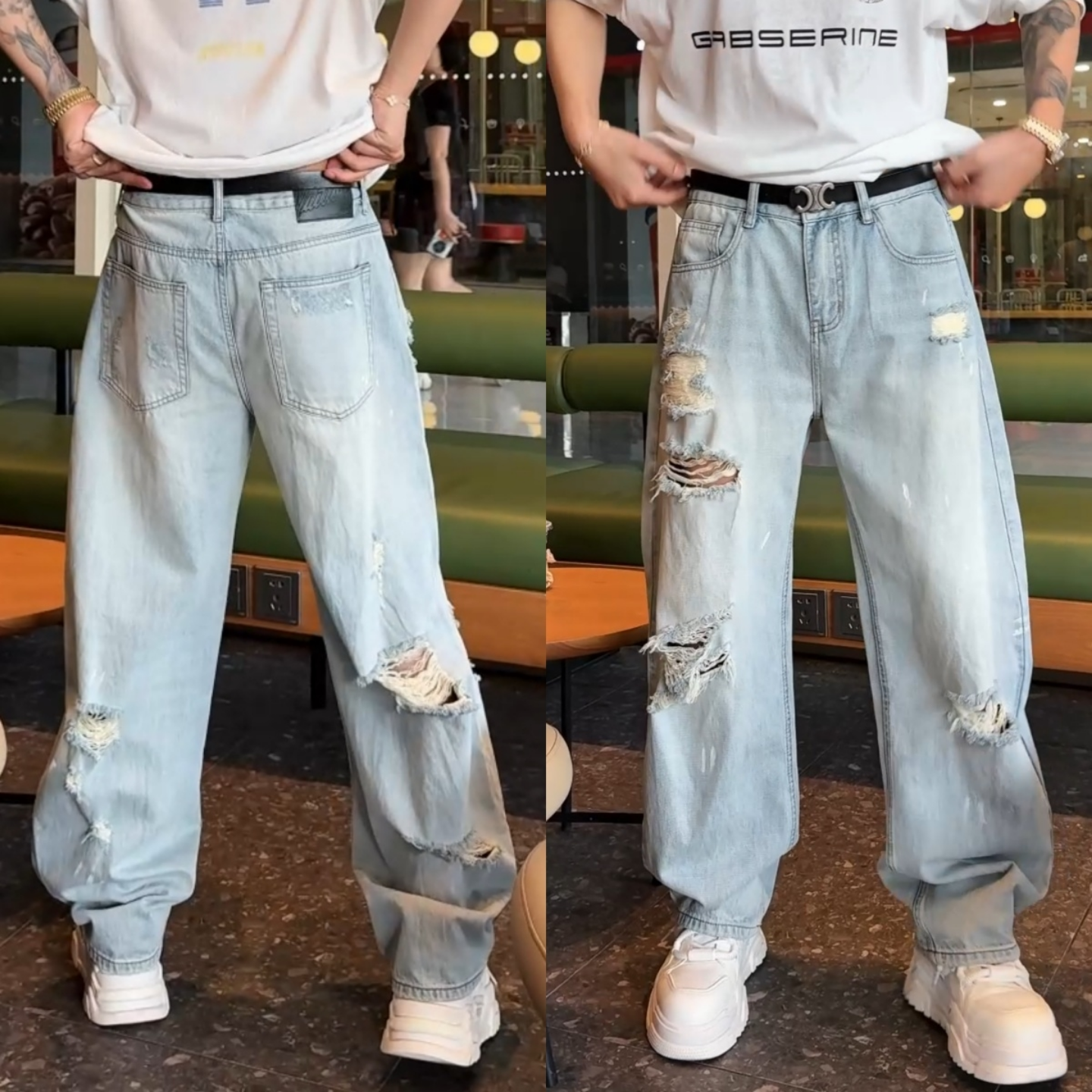 夏季上新美式街头风破洞牛仔裤男士宽松直筒百搭洋气个性时尚长裤