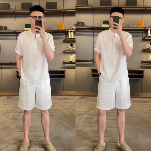 夏季男士老钱风纯色衬衫短裤套装