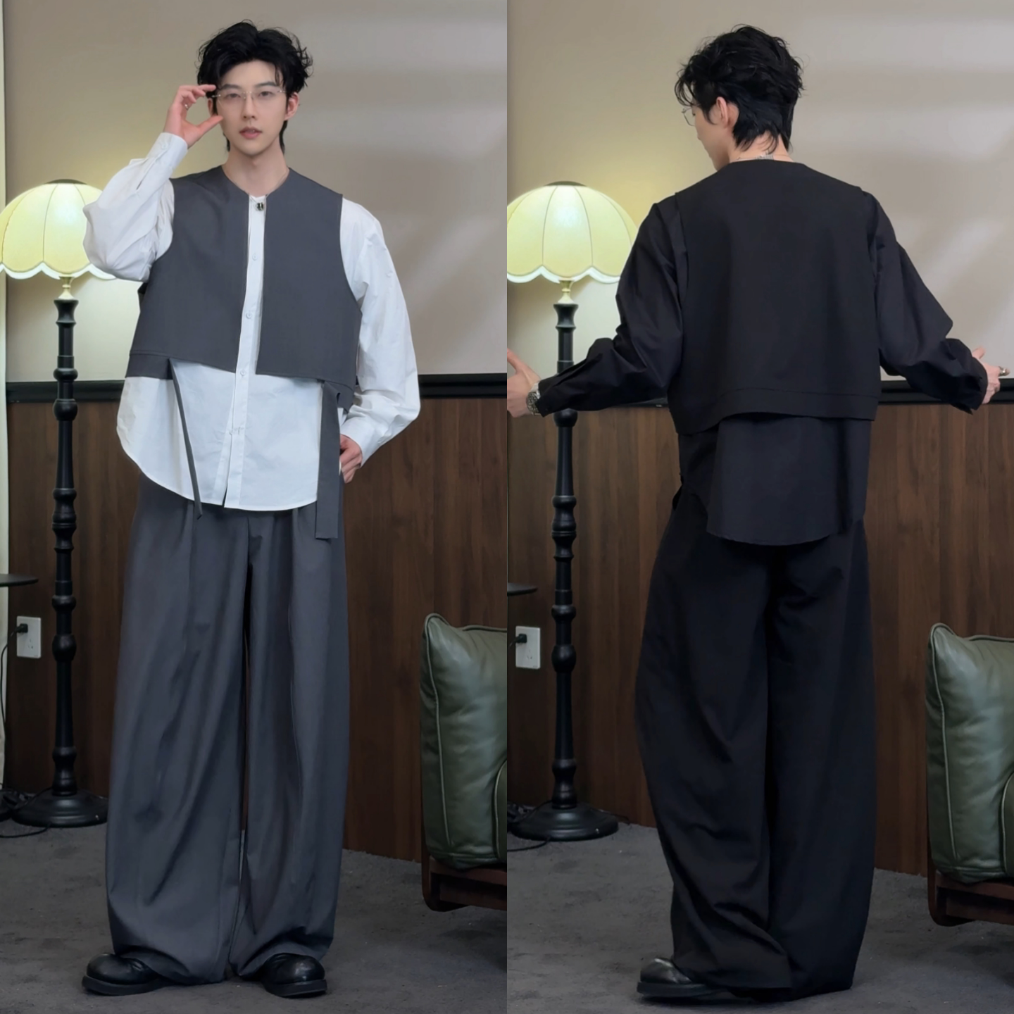 男士设计感假两件衬衫长裤两件套