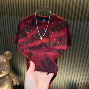 【新年系列】冬季上新潮流撞色高级感男士破洞短袖痞帅满天星半袖