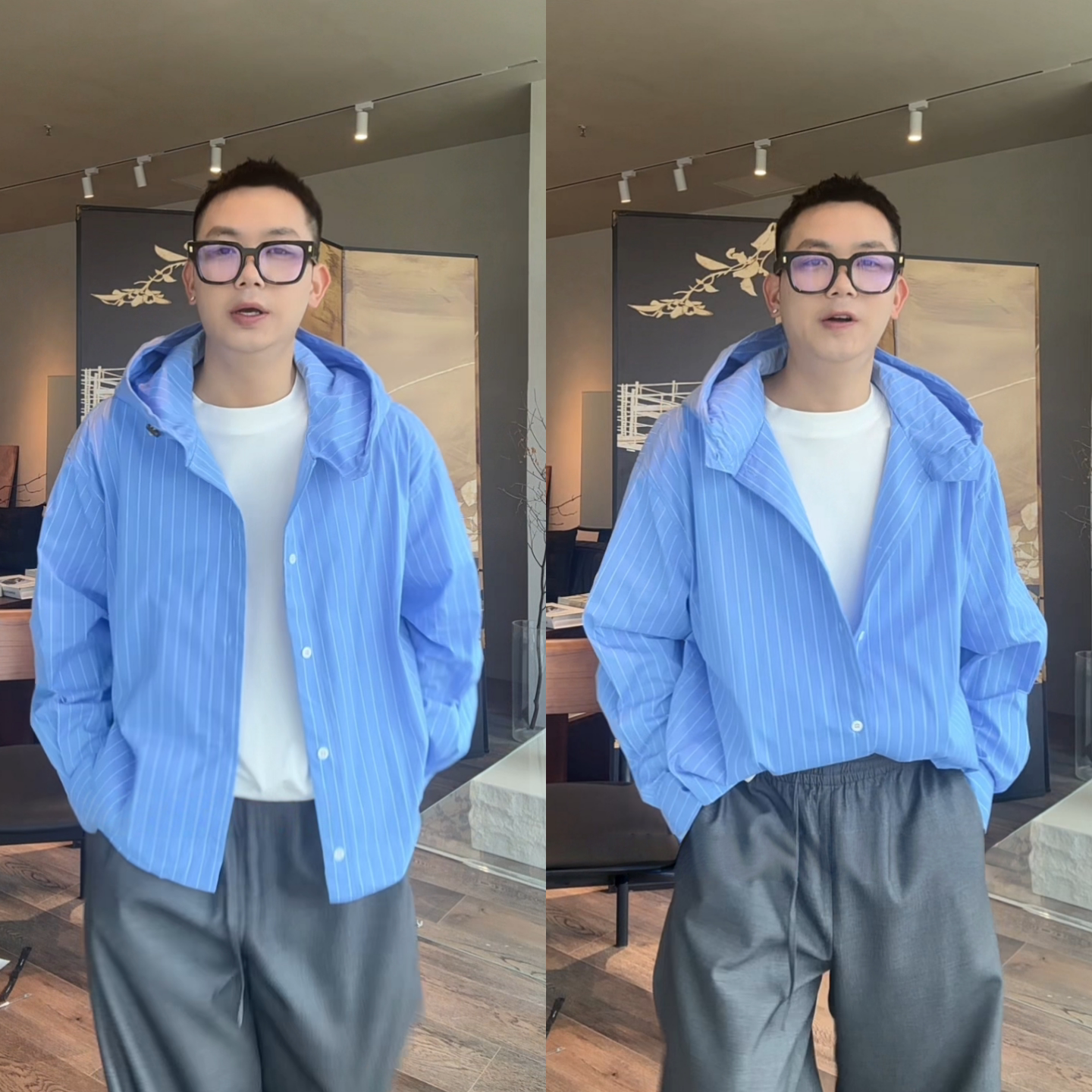 松弛风连帽条纹痞帅男士衬衫外套