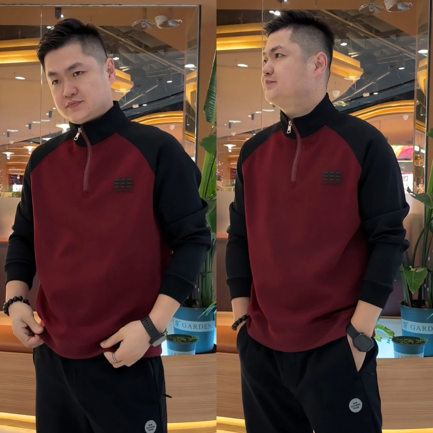 新年系列长袖打底冬季上新潮牌拼色半拉链设计款立领加绒男士卫衣