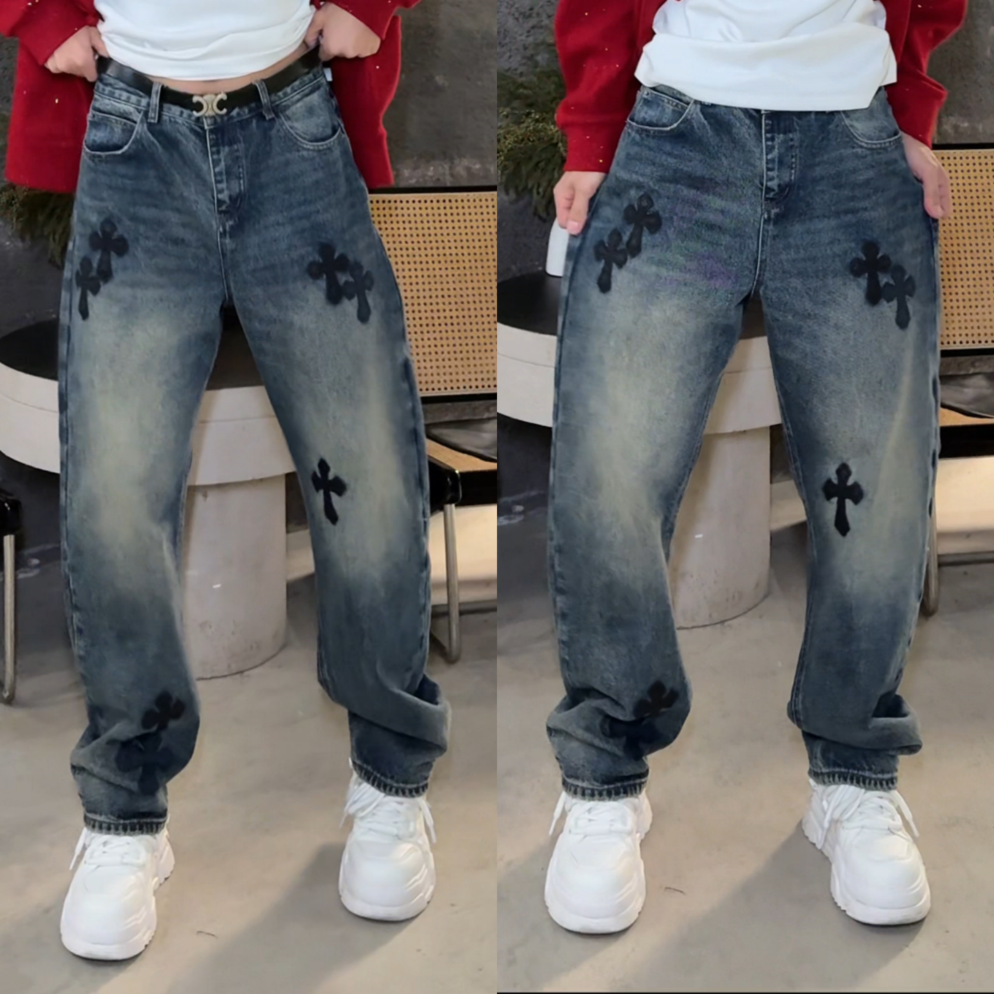 潮流复古美式潮牌贴花十字花设计冬季上新痞帅男士直筒休闲牛仔裤