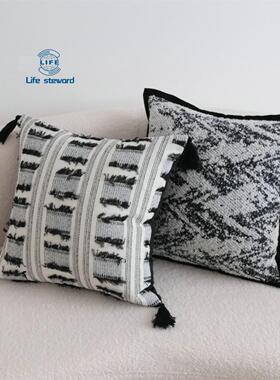 黑白色流苏卷边抱枕套沙发靠垫枕套 cushion cover pillowcase