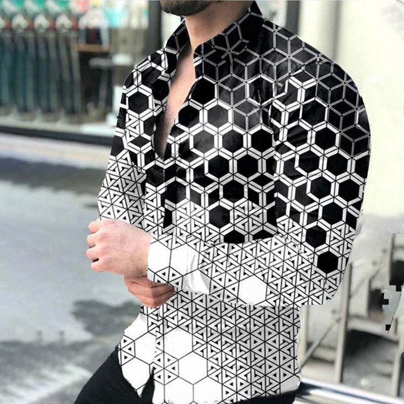 2022欧美秋男士长袖大码上衣渐变黑色几何图印花衬衣Men's Sh