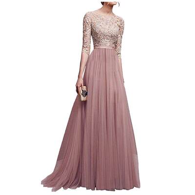 2018新品女装欧洲站纯色气质雪纺晚礼服长款连衣裙Evening dress