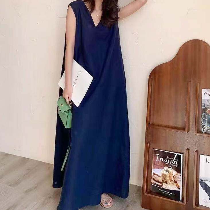 夏季新款外贸女装日系简约无袖纯色韩版V领丝麻背心连衣裙长裙子