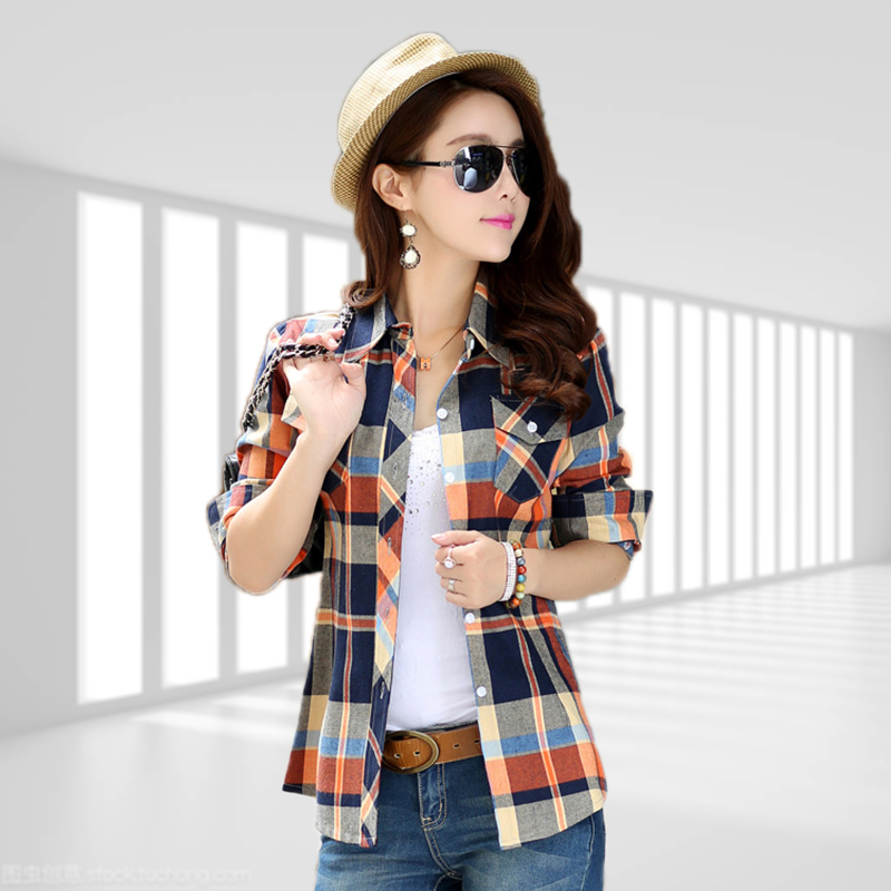 2025春夏新款女装长袖衬衣纯棉磨毛格子衬衫女士修身大码上衣外套