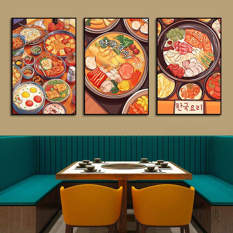 韩国餐厅装饰画韩料店韩式烤肉炸鸡店挂画动漫手绘风美食菜单壁画
