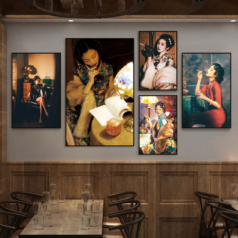 中式旗袍美女装饰画老上海怀旧风餐厅酒吧墙面挂画旗袍店复古壁画
