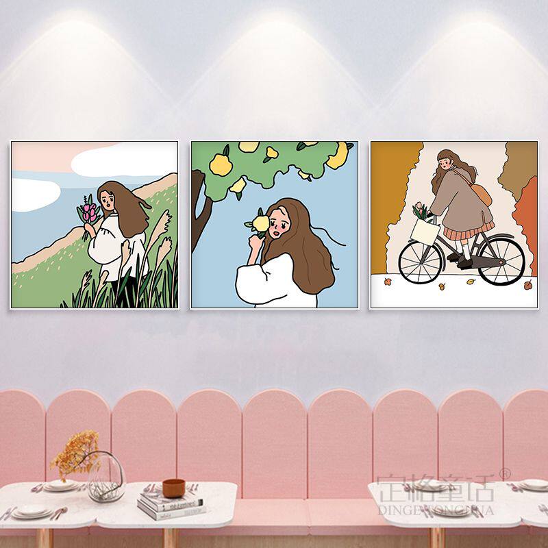 韩国插画小清新可爱卡通人物手绘风漫画装饰画少女房间卧室挂画