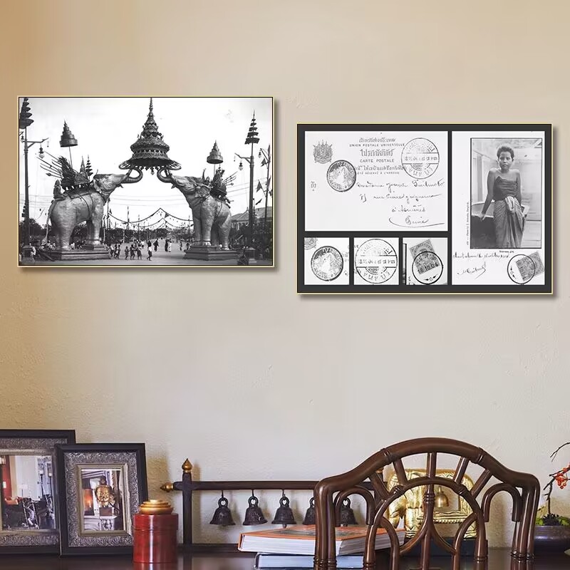 泰国装饰画复古怀旧人物民族风情街景餐厅挂画东南亚黑白照片海报图片