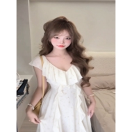 法式荷叶边V领杏色碎花连衣裙女夏季度假风穿搭气质收腰显瘦长裙