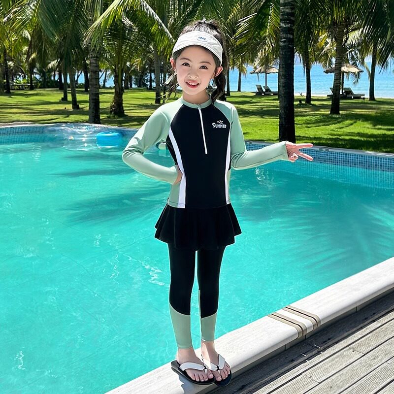 儿童泳衣女童长袖长裤分体中大童2025年新款女孩初中生游泳套装备