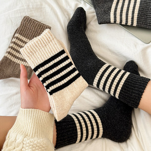 羊毛袜女款秋冬季加厚保暖经典条纹中筒袜百搭女士厚袜子诸暨袜业