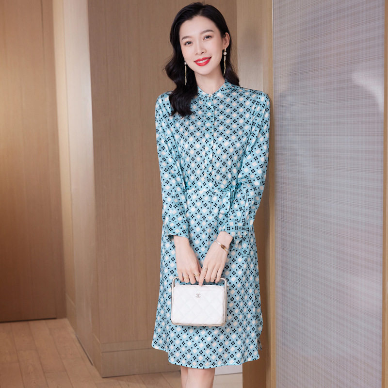 真丝长袖中长连衣裙女