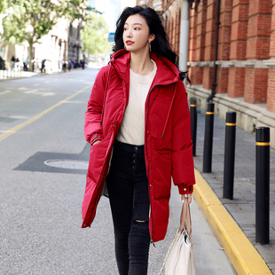 冬季新款简约时尚连帽白鸭绒羽绒服女长款修身显瘦保暖外套