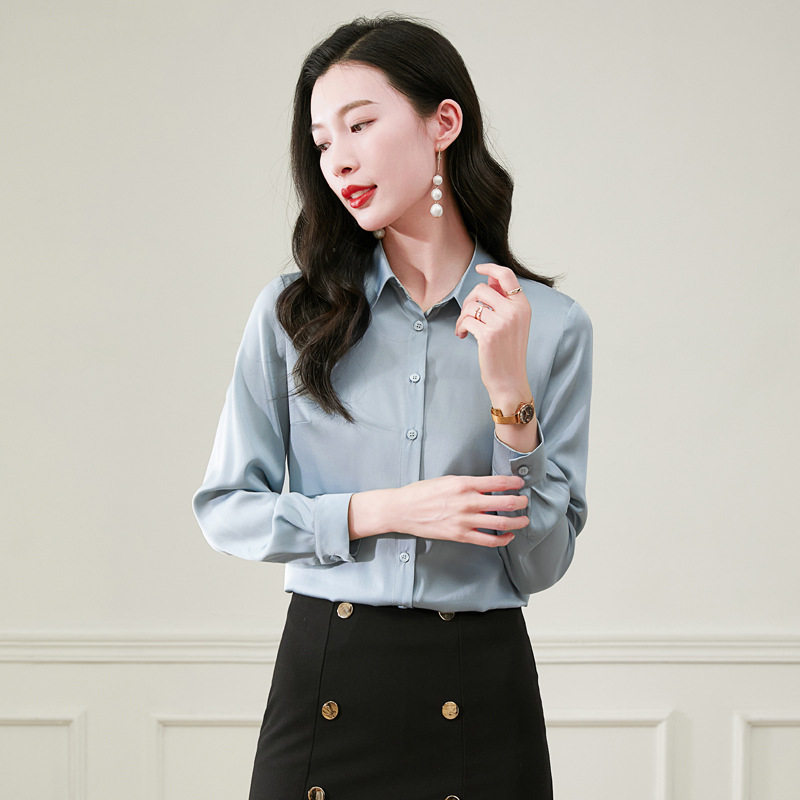 春秋桑蚕丝翻领纯色女士衬衫