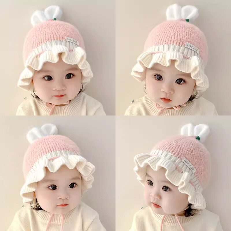 女宝宝帽子秋冬款婴儿毛线帽女童可爱保暖盆帽小女孩公主风护耳帽