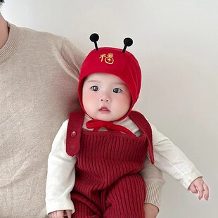 婴儿红色帽子春秋季百天护囟门包头帽宝宝小月龄喜庆新生防风胎帽