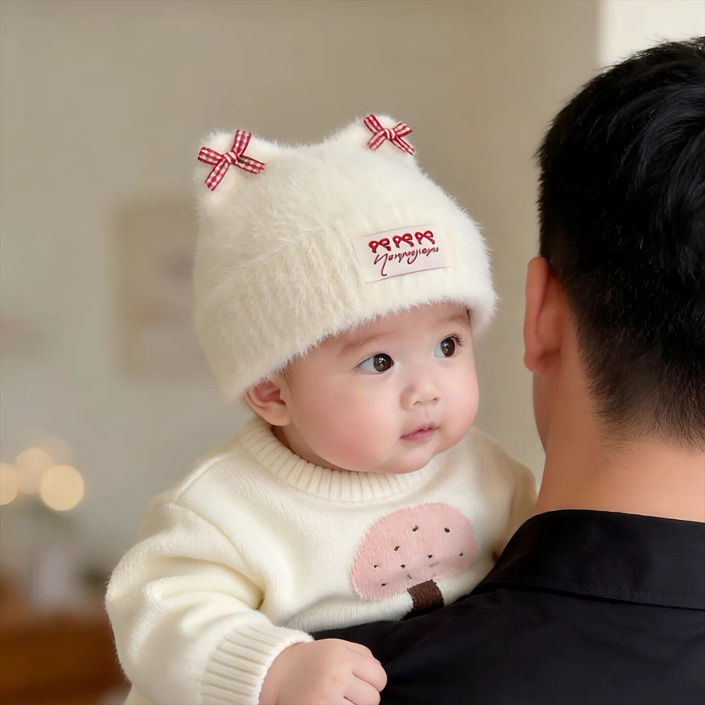 婴儿帽子秋冬季保暖加厚针织套头毛绒帽女宝宝小月龄蝴蝶结毛线帽