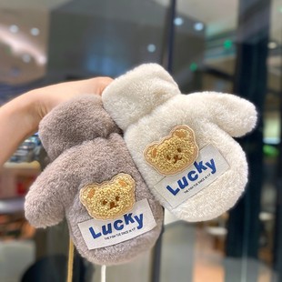 儿童手套冬季加绒加厚保暖男童女童毛绒可爱宝宝冬天防冻挂脖连指