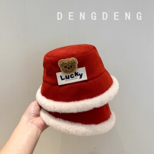 红色新年宝宝帽子秋冬儿童毛绒帽防风保暖盆帽男童女童护耳渔夫帽