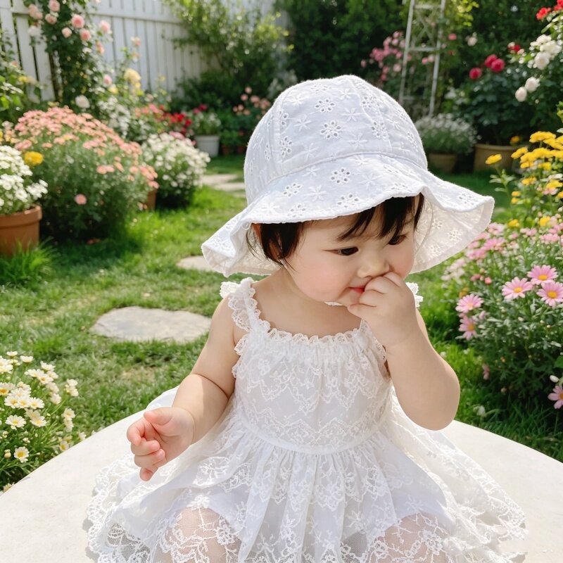 韩版蝴蝶结蕾丝帽春夏季薄款婴儿遮阳帽大檐公主风渔夫帽女童盆帽