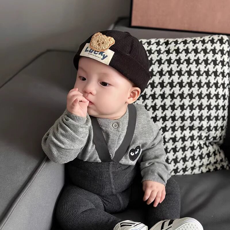 婴儿帽子秋冬款时尚可爱小熊标瓜皮帽春秋男宝宝小童灯芯绒地主帽