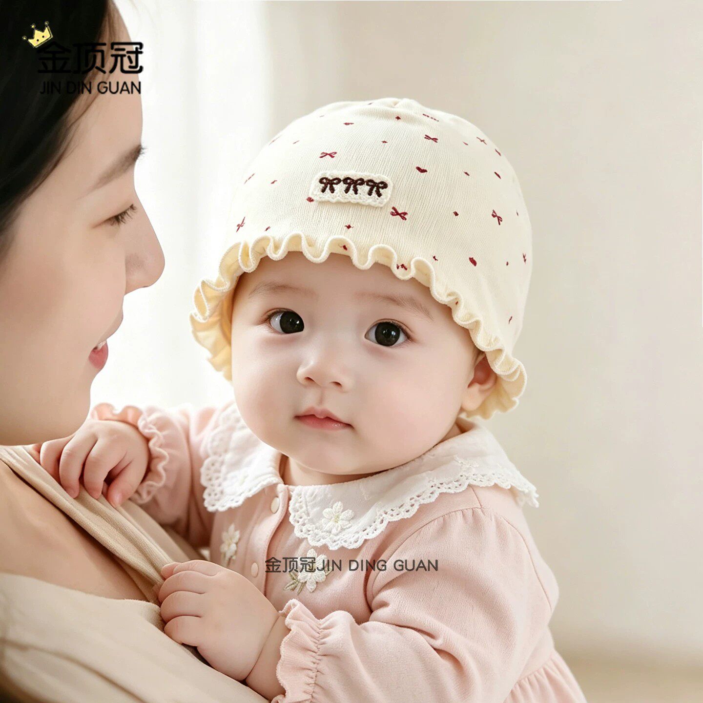 婴儿帽子春秋款蕾丝花边系带护耳帽女宝宝可爱套头胎帽护囟门胎帽