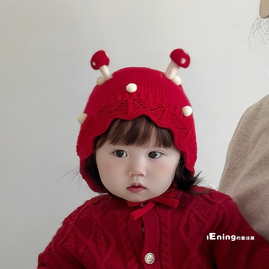 公主红色婴幼儿童毛线帽子秋冬季小月龄女宝宝护耳可爱超萌过新年