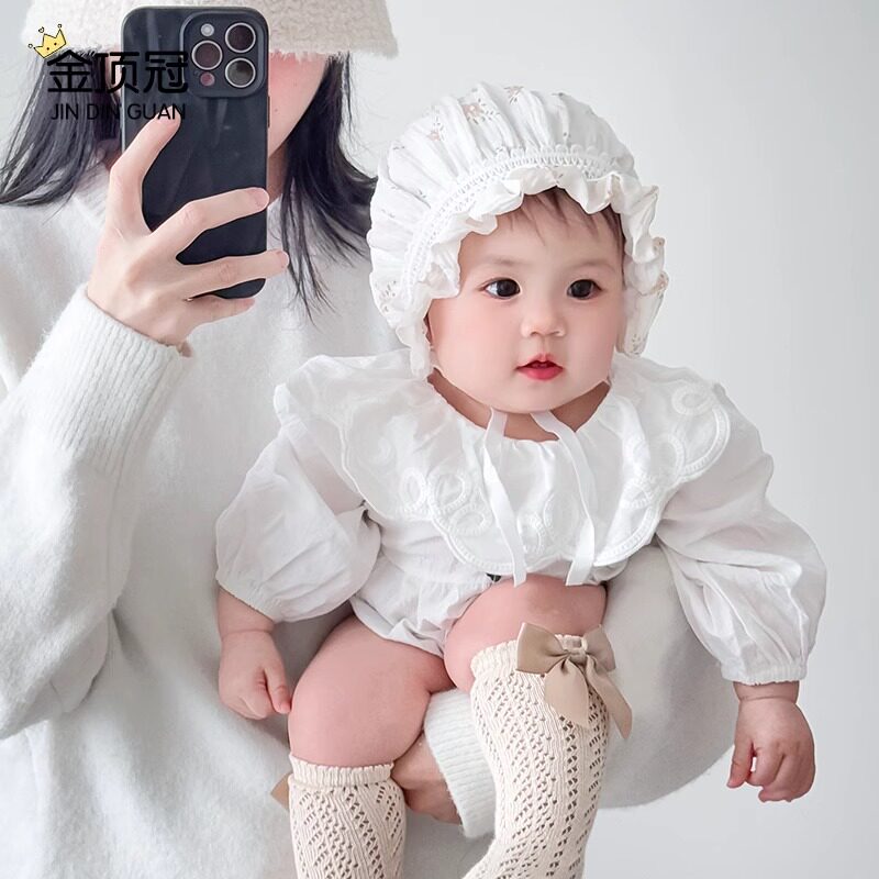 婴儿帽子春秋季透气女宝宝蕾丝公主宫廷帽防晒小月龄女童胎帽保暖