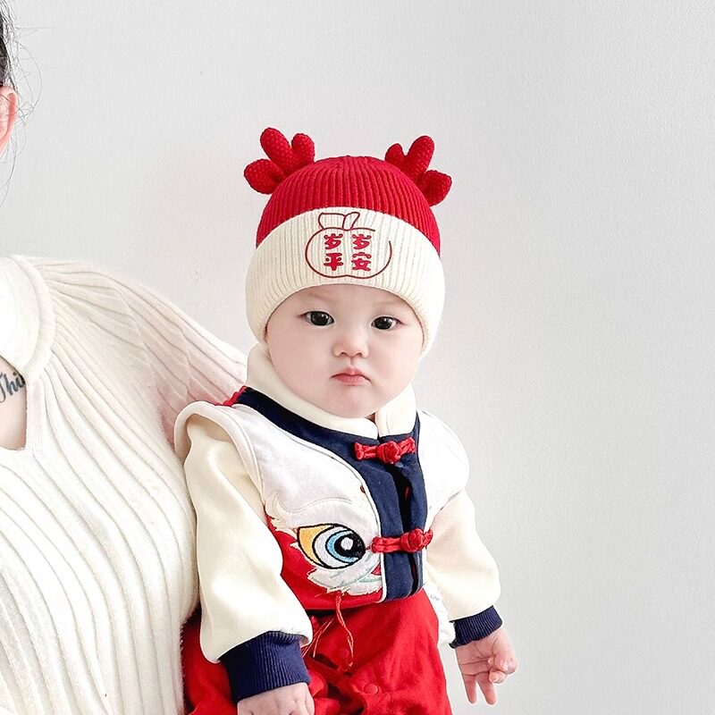 婴儿帽子秋冬季喜庆新年红色加厚保暖毛线帽男女宝宝小月龄针织帽