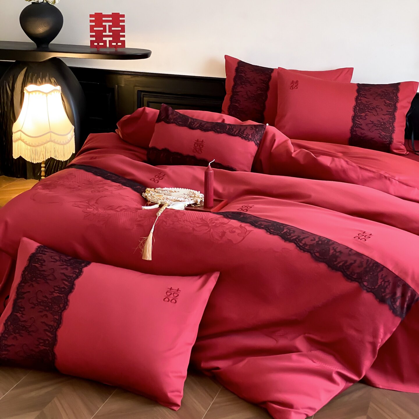 ROLAND LIVE全棉提花婚庆四件套红色喜庆婚房被套床单结婚床品