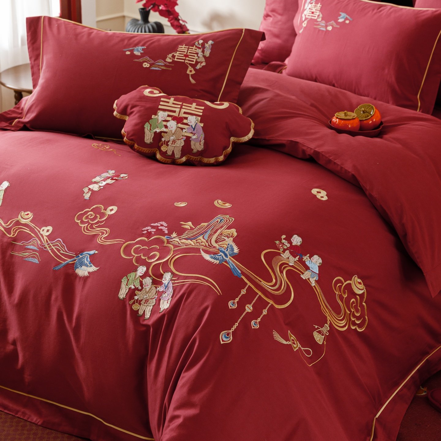 ROLAND LIVE春夏长绒棉绣花婚庆四件套红色新婚被套床单喜庆全棉