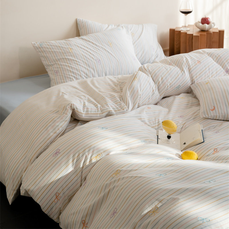 全棉针织棉四件套简约条纹刺绣