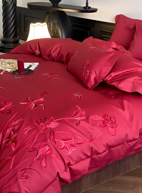 ROLAND LIVE秋冬100棉大红长绒棉婚庆四件套浪漫刺绣全棉喜庆套件