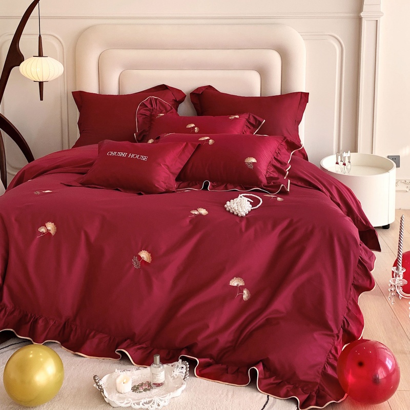 喜庆红色100S澳棉刺绣四件套新房结婚被套床单轻奢床品