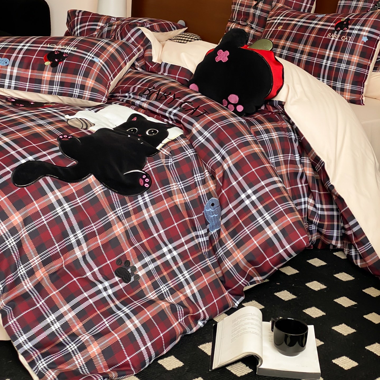 红花车秋冬全棉磨毛四件套格子英伦风被套床单学生宿舍纯棉三件套