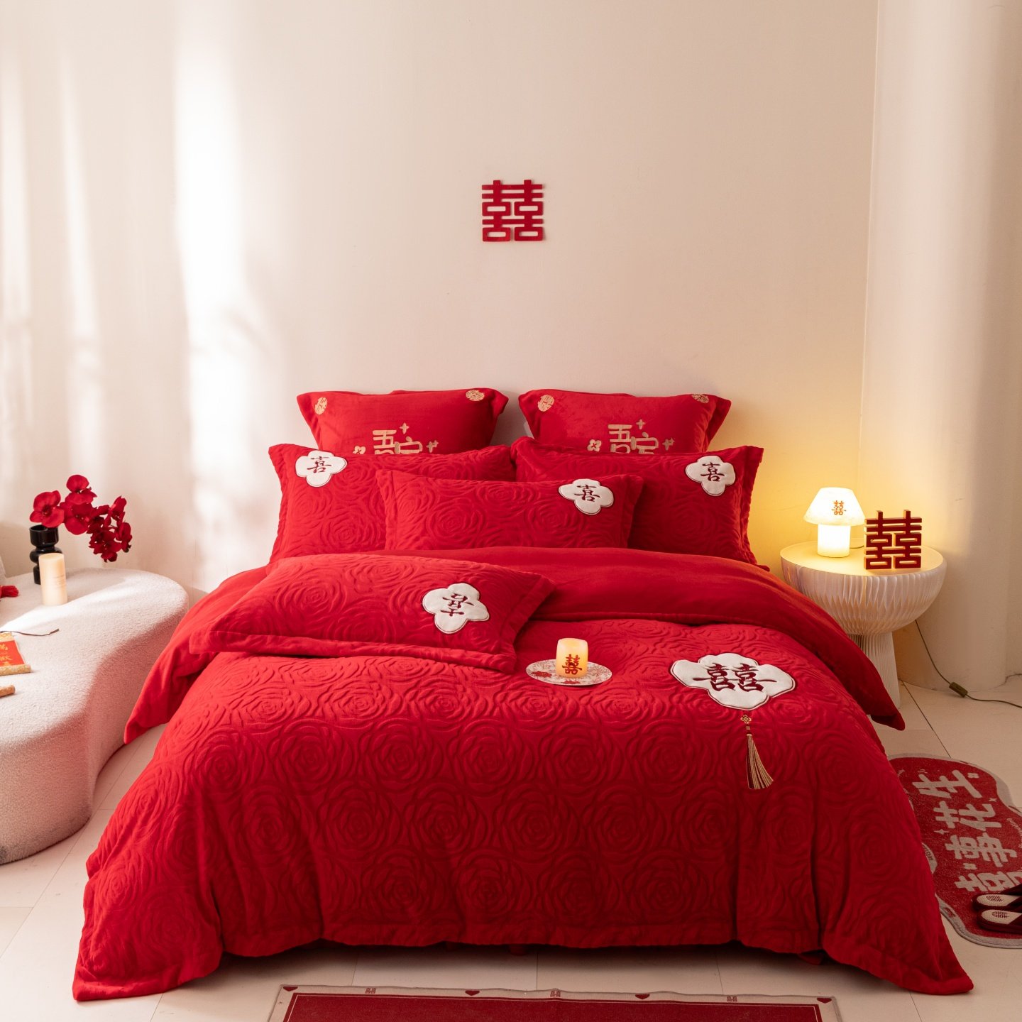 红花车雕花牛奶绒婚庆四件套红色喜庆冬季保暖结婚铺床被套六件套