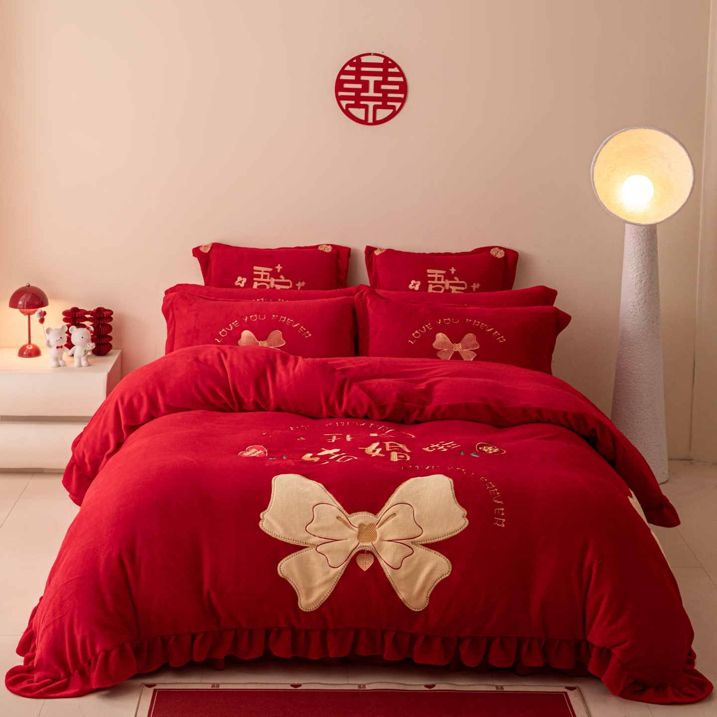 红花车牛奶绒婚庆刺绣四件套荷叶花边被套床单红色结婚铺床保暖