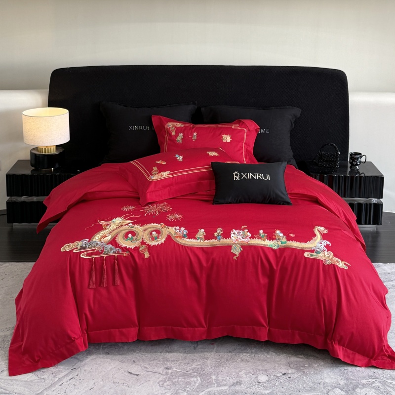 全棉刺绣婚庆四件套100S大红色结婚喜庆被套床上用品