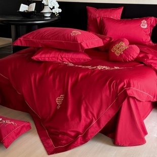 全棉刺绣婚庆四件套红色新婚陪嫁床上用品床单被套床笠