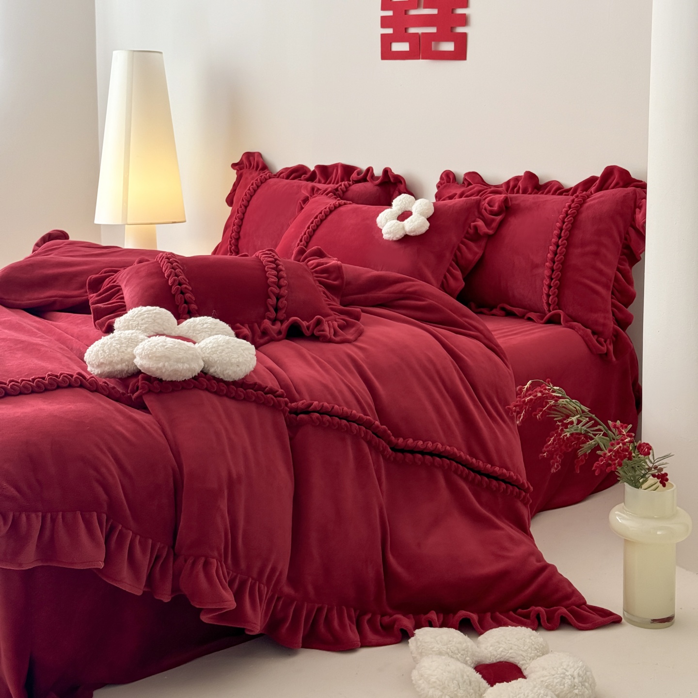 红花车冬季加厚牛奶绒婚庆四件套