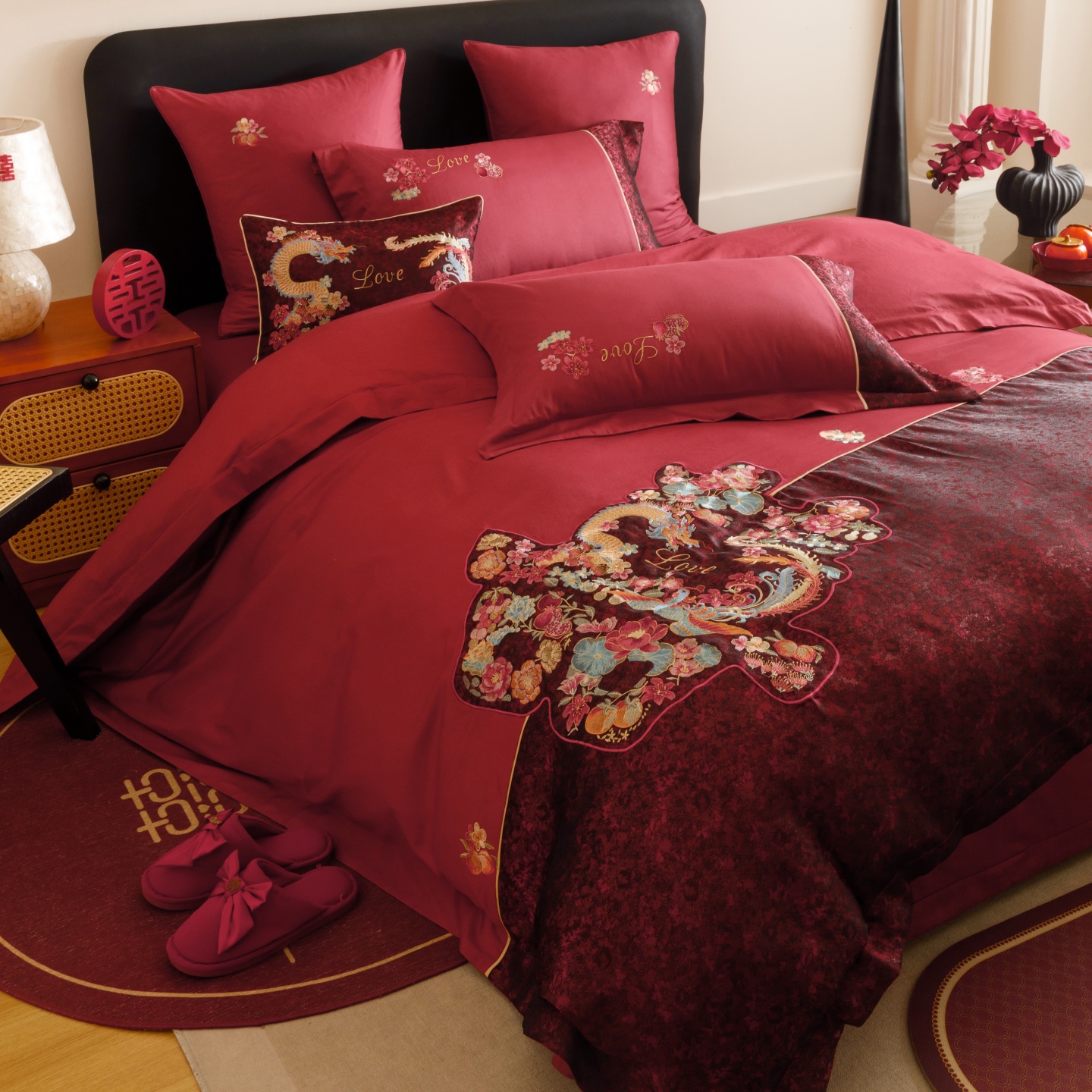 红花车高级感喜庆澳棉红色婚庆四件套婚房铺床浪漫龙凤被套床单