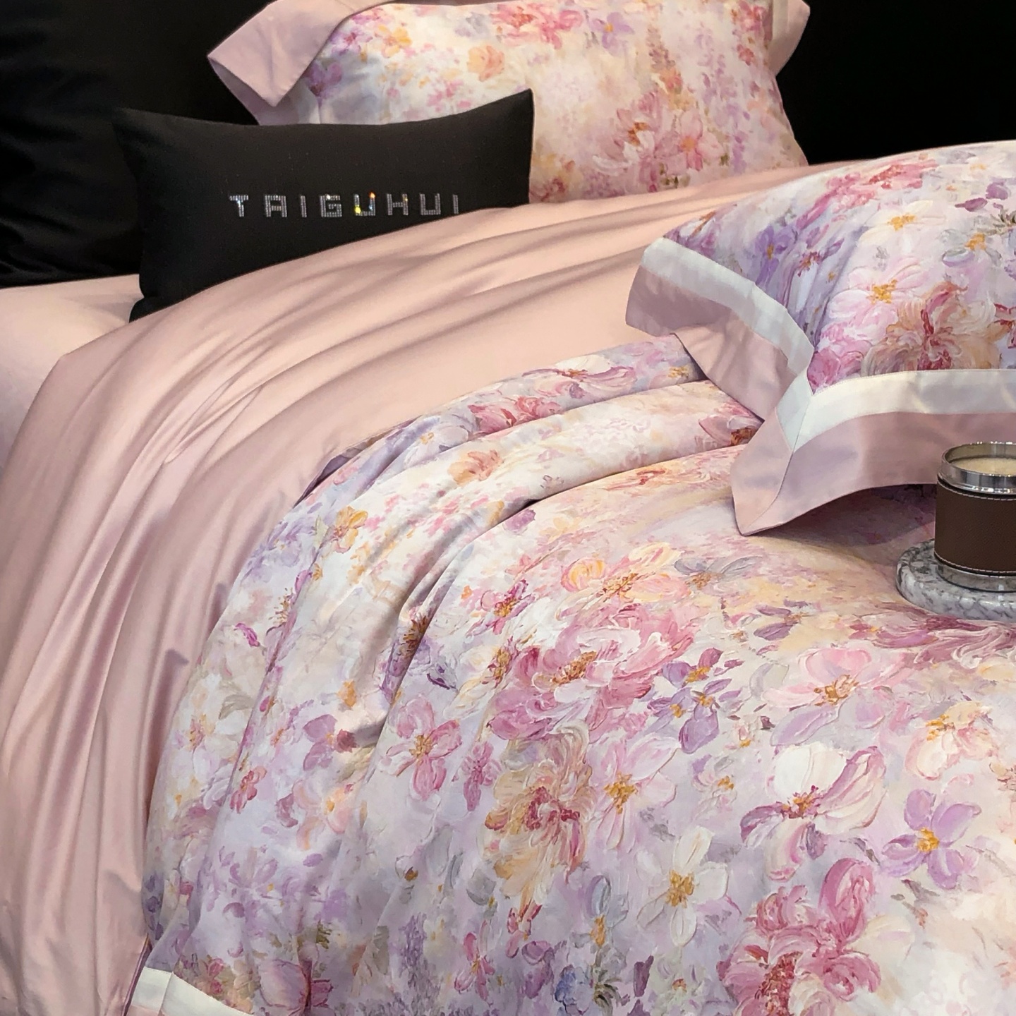 红花车100S长绒棉数码印花宽边四件套全棉田园风被套床单床上用品