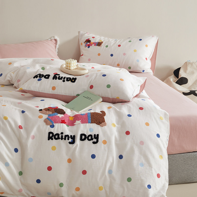 A类全棉双层纱四件套纯棉被套床单床笠卡通可爱毛巾绣1.5