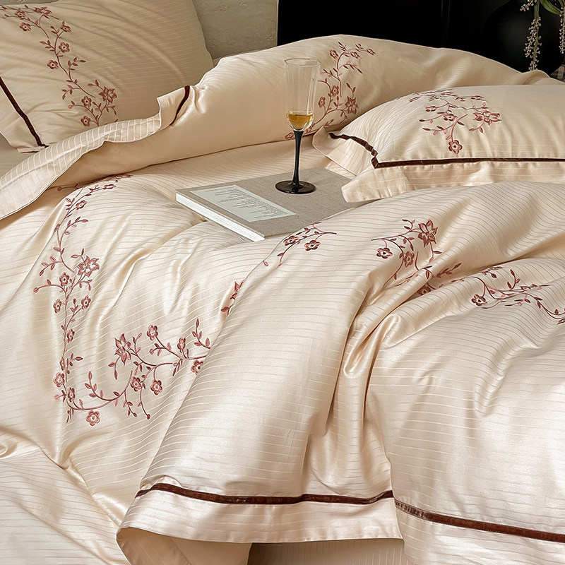 全棉A类素棉精梳提花四件套纯棉新款刺绣被套床单床上用品