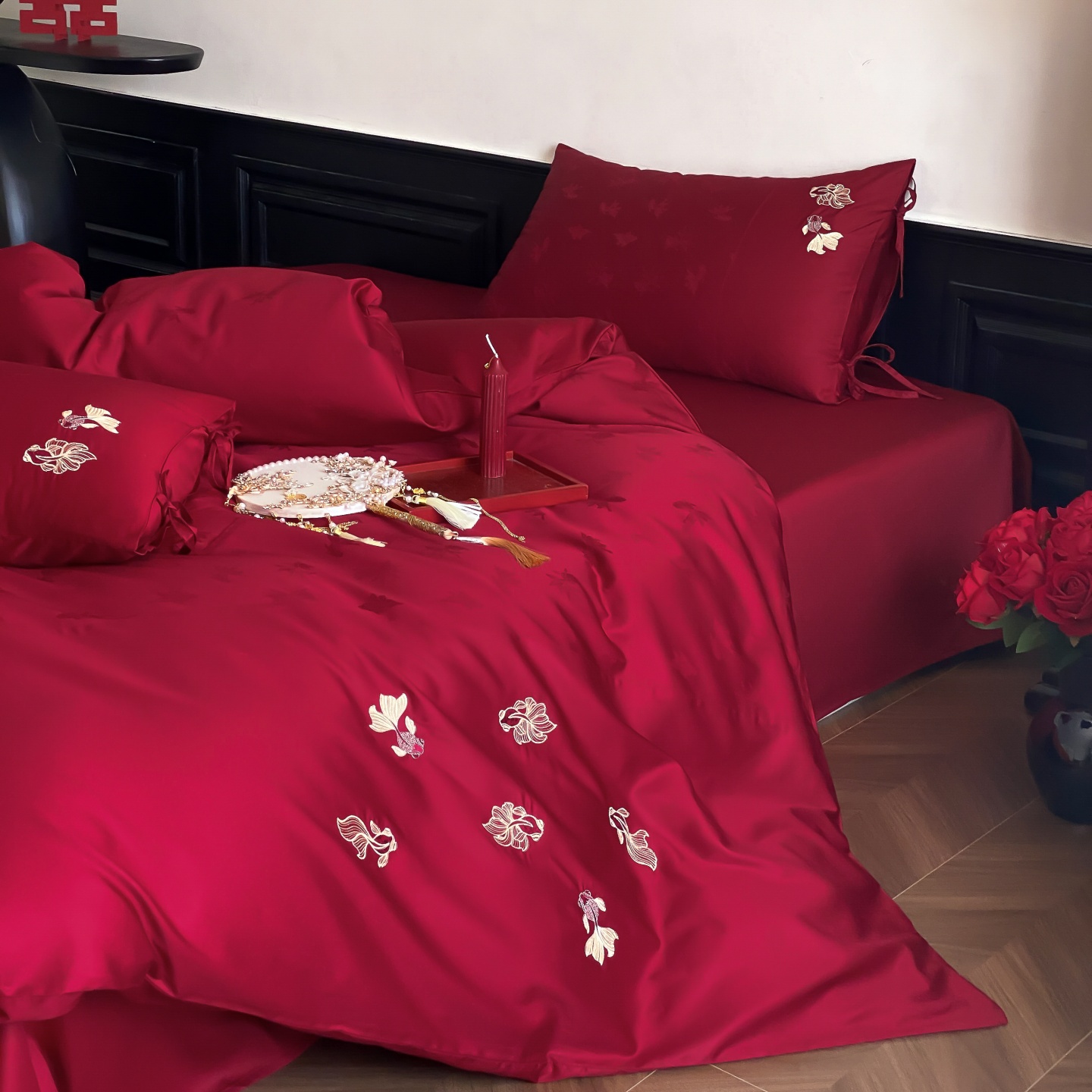 全棉提花100S红色刺绣婚庆四件套